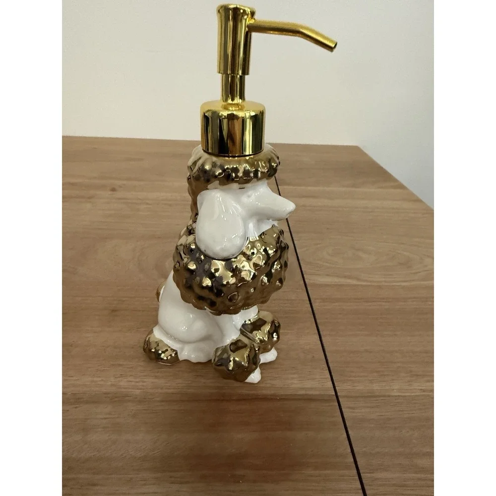 NEWHENGS Poodle Dog Ceramic Soap Lotion Dispenser Gold White w/ Box